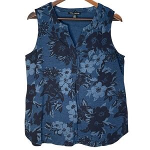 Cable & Gauge Blue Floral Sleeveless Top Blouse Women's Size L